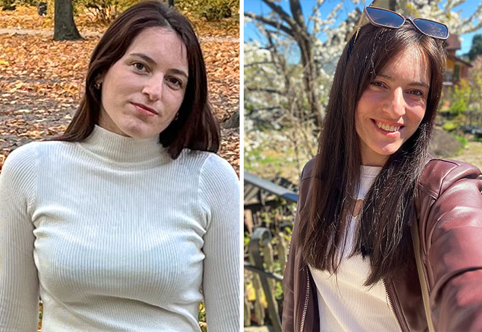 A woman looking completely different after leaving unhappy marriages, exhibiting a joyful smile and refreshed appearance.