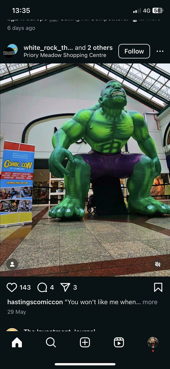 A giant inflatable Hulk statue in a shopping center, showcasing a humorous design fail.