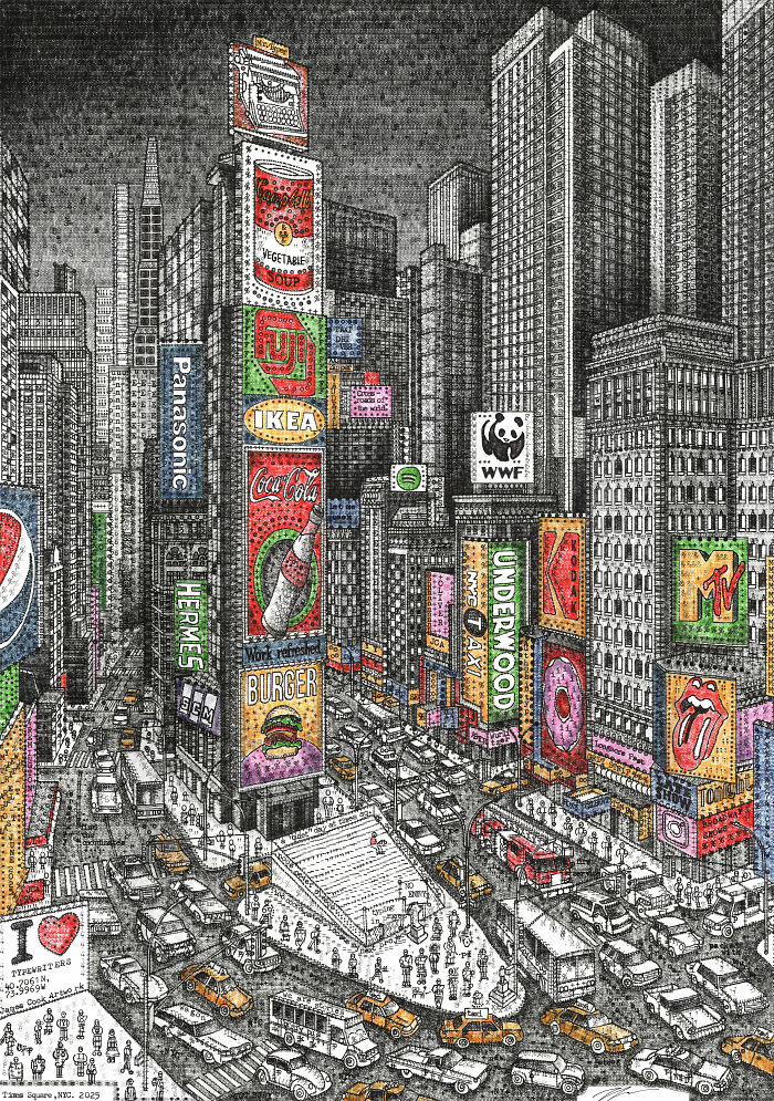 Intricate typewriter art depicting a bustling Times Square cityscape at night, filled with vibrant advertising and traffic.