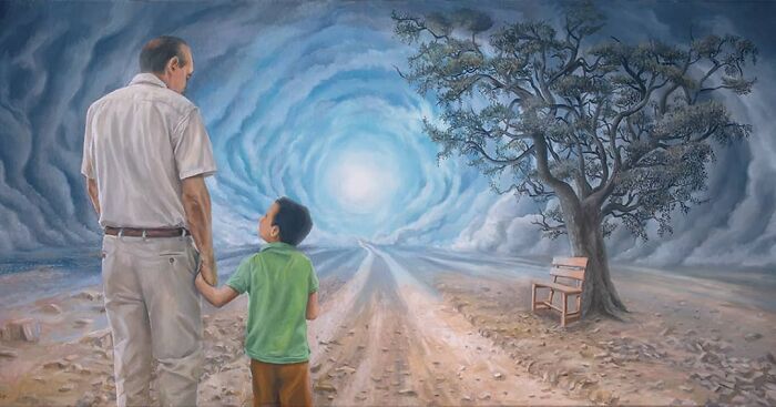 An old man and a young boy looking toward a swirling blue vortex sky in paintings by Michel Devanakis.