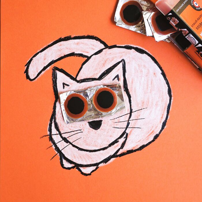 Playful illustration of a hand-drawn cat wearing bicycle puncture patches as sunglasses