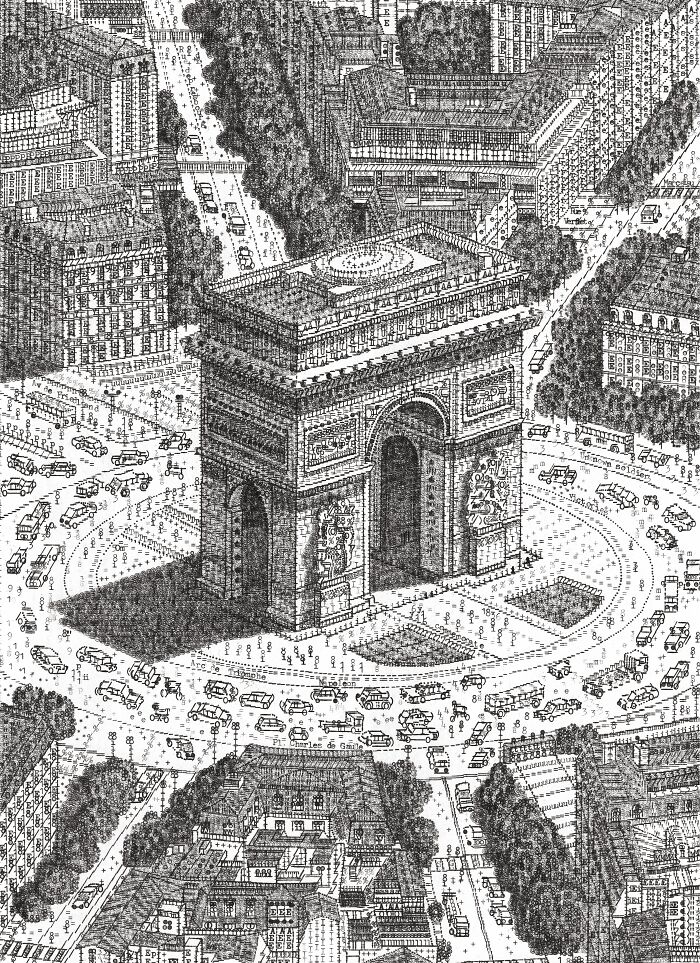 Detailed overhead view of the Arc de Triomphe roundabout created with intricate typewriter art.