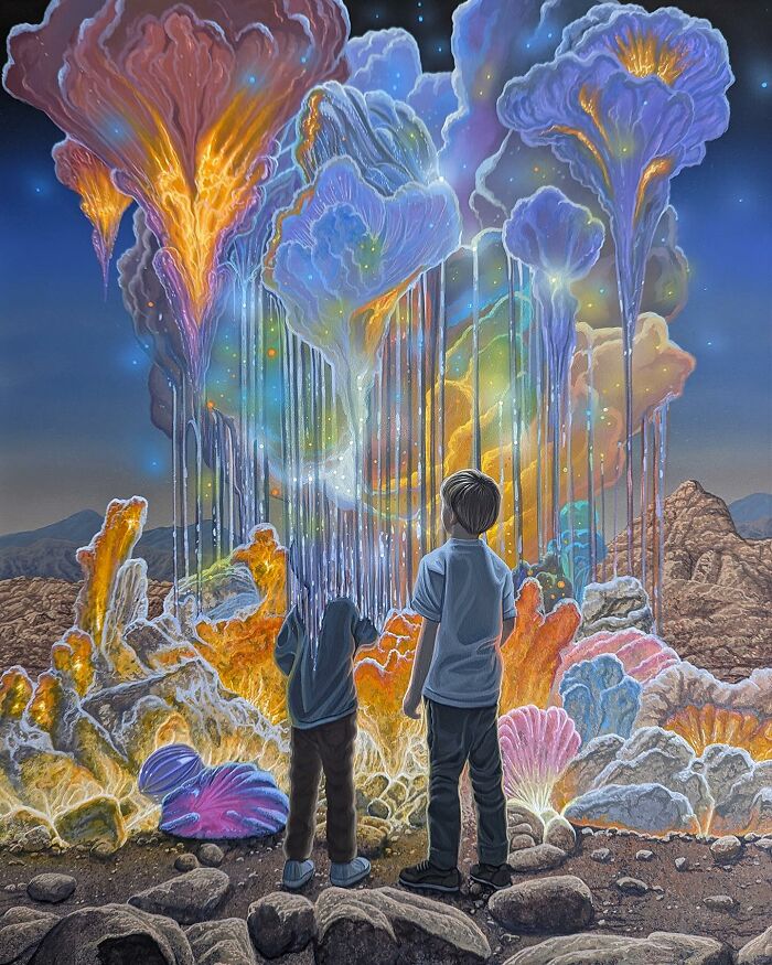 Two boys stand before a landscape of vibrant, glowing organic structures in a surreal painting by Wiley Wallace.