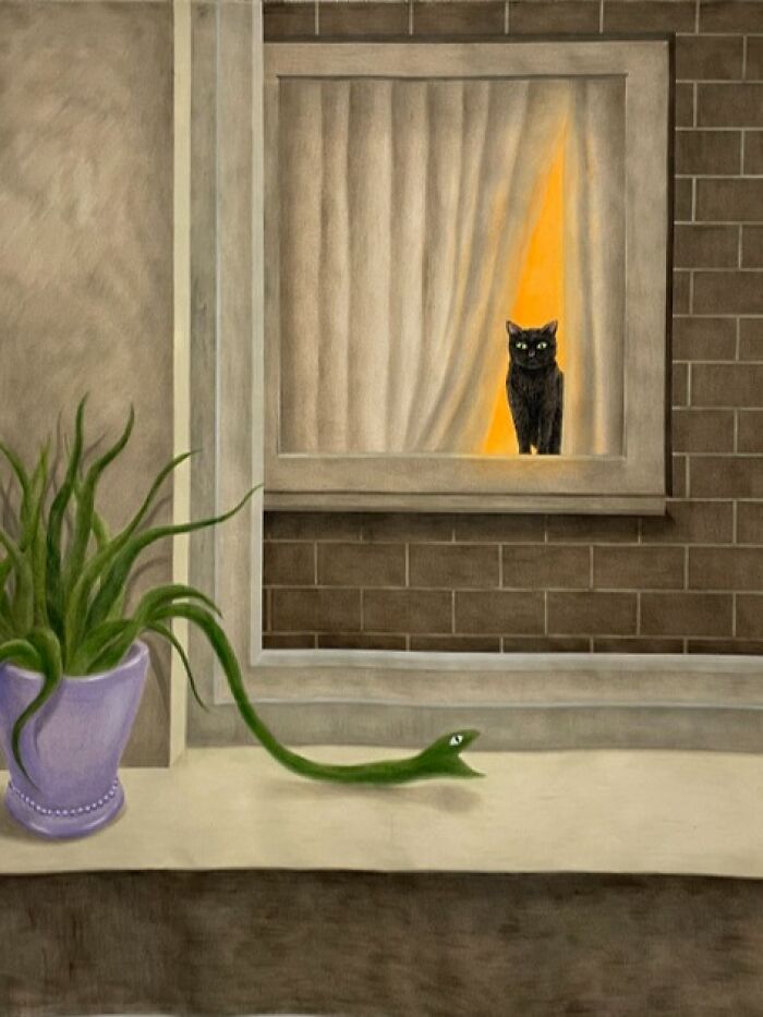 A black cat sits on a windowsill, illuminated by a warm light, watching a snake on the ledge, in a surreal moment.