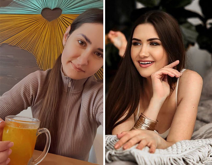 A woman looking completely different after leaving unhappy marriages, before and after.