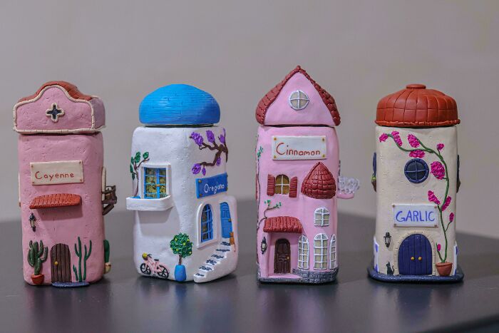 Handmade ceramic spice jars shaped like colorful whimsical houses quirky projects