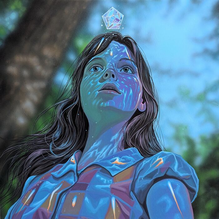 A girl with glowing face gazes up at a floating crystal, a surreal painting by Wiley Wallace.