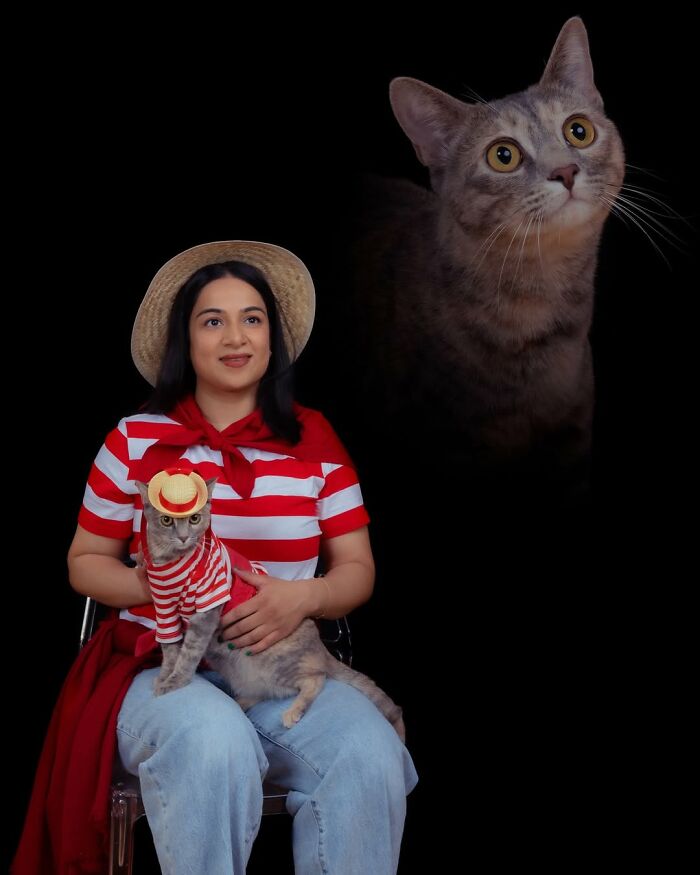 Quirky portraits of pets and their owners: a woman in a striped shirt and hat with her cat wearing a matching hat.