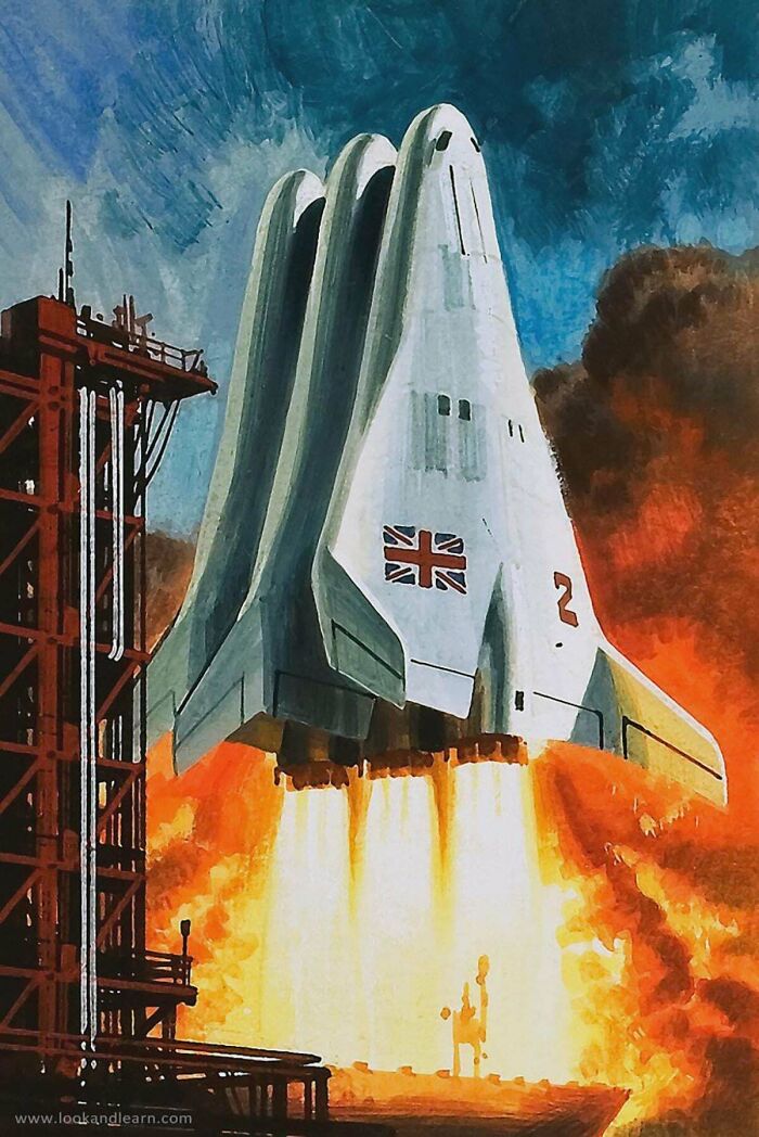 Retrofuturistic image of a UK rocket ship launching with intense flames, an imagined future in space.
