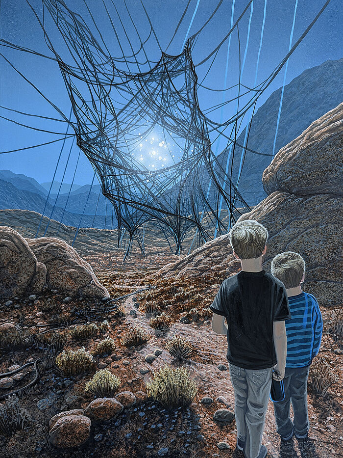 Two boys in a surreal painting by Wiley Wallace, looking at a glowing, tangled structure in an alternate reality.