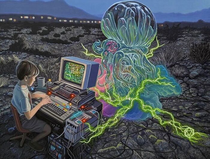 Wiley Wallace surreal painting of a boy with a vintage computer and a large glowing, organic form, suggesting an alternate reality.
