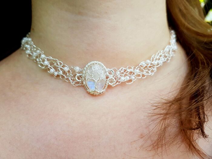 Unique handmade choker necklace with wire and gemstone centerpiece