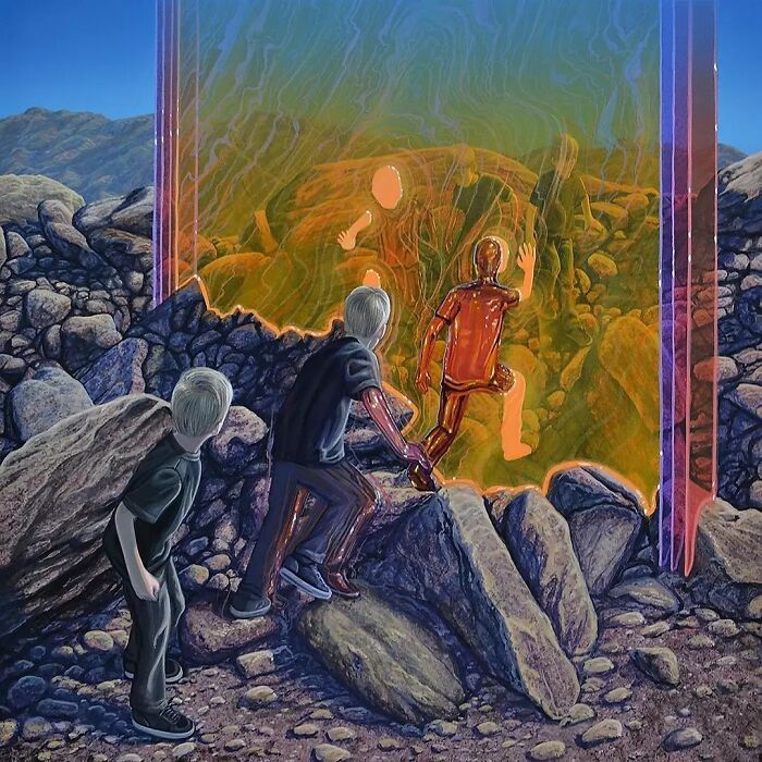 Surreal painting by Wiley Wallace of two boys looking into a glowing portal with figures inside, revealing an alternate reality.