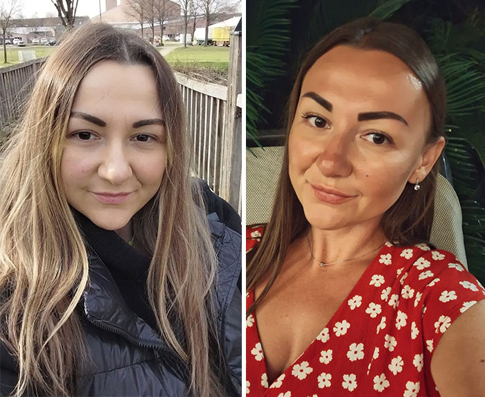 A woman looking completely different after leaving unhappy marriages, with a before and after comparison showing improved appearance.