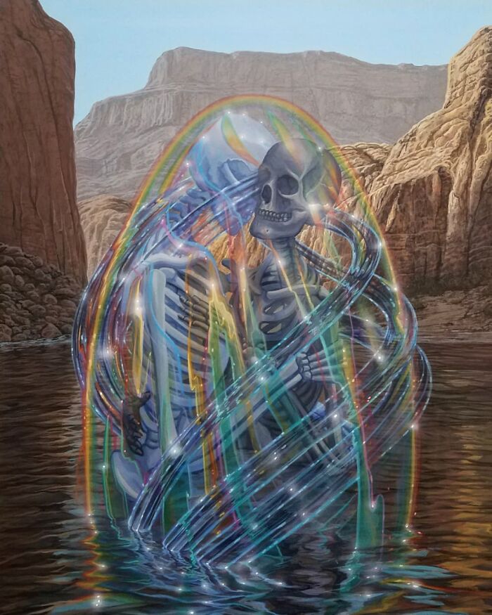 Wiley Wallace surreal painting featuring two skeletal figures embraced in a rainbow-hued light, standing in water amidst a canyon.