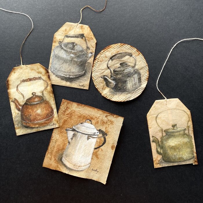 Various vintage teapots depicted in miniature paintings on used tea bags