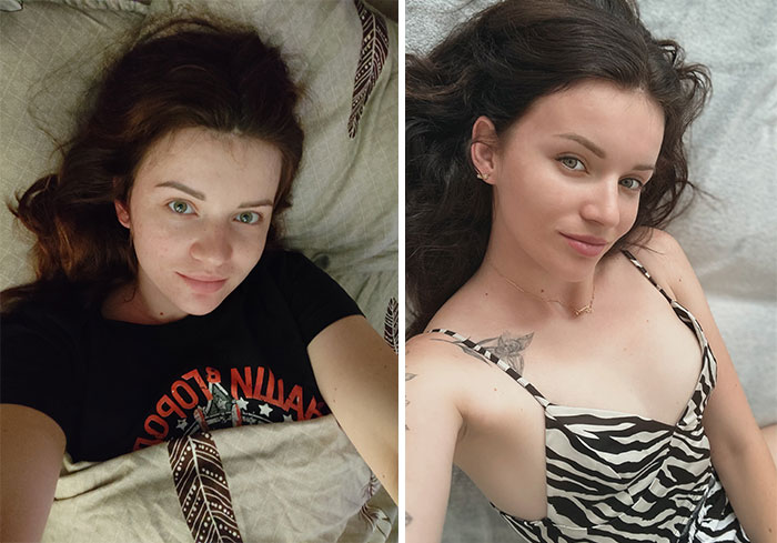 A woman looking completely different after leaving unhappy marriages, showing a transformation.