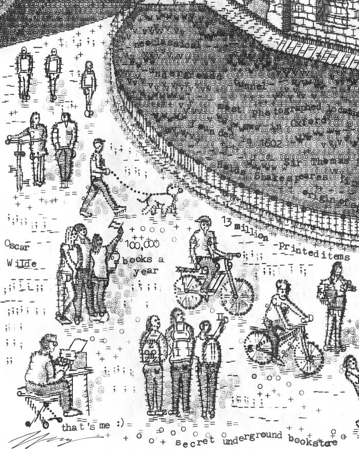 Close-up of typewriter art showing people, dogs, bicycles, and text created with typewriter characters.