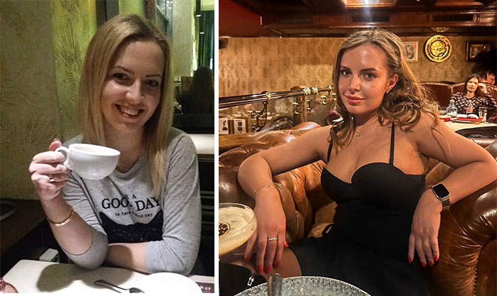 A woman before and after leaving unhappy marriages, with a casual look then dressed up and smiling in a restaurant.