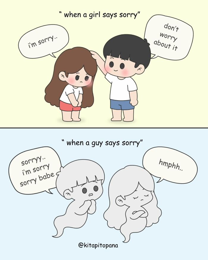 Cute relationship comics comparing how girls and guys apologize to each other in a funny way.