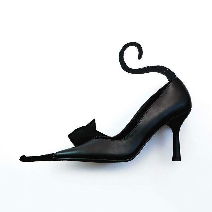 A black high heel shoe transformed into a sleeping cat in playful illustrations by Romain Joly