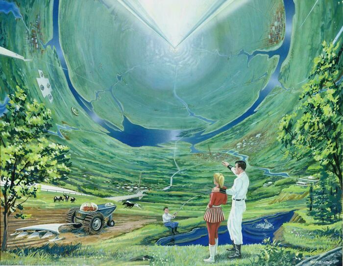 Retrofuturistic image depicting a vast imagined future cylindrical habitat with lush landscapes and small towns.