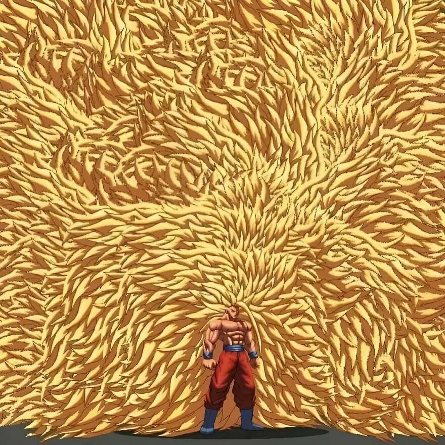 An anime character with excessively long, golden hair against a dark background, making a disturbing pic.