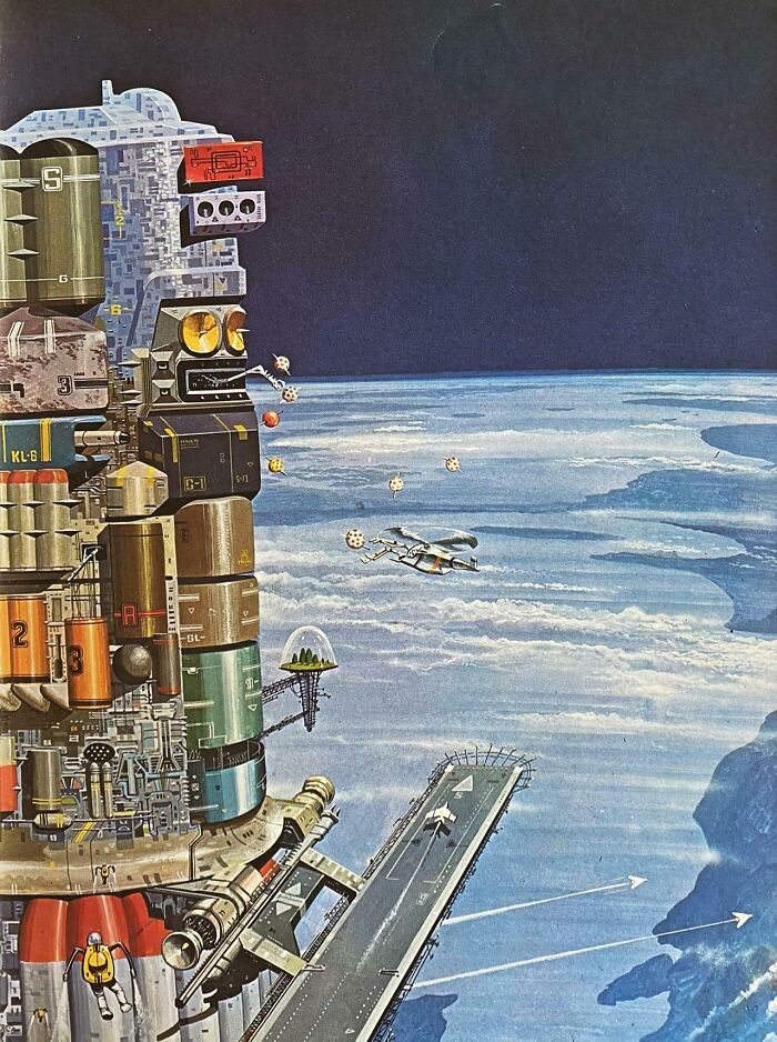 Retrofuturistic image showing a space station orbiting Earth with a landing strip and flying vehicles, imagining the future.