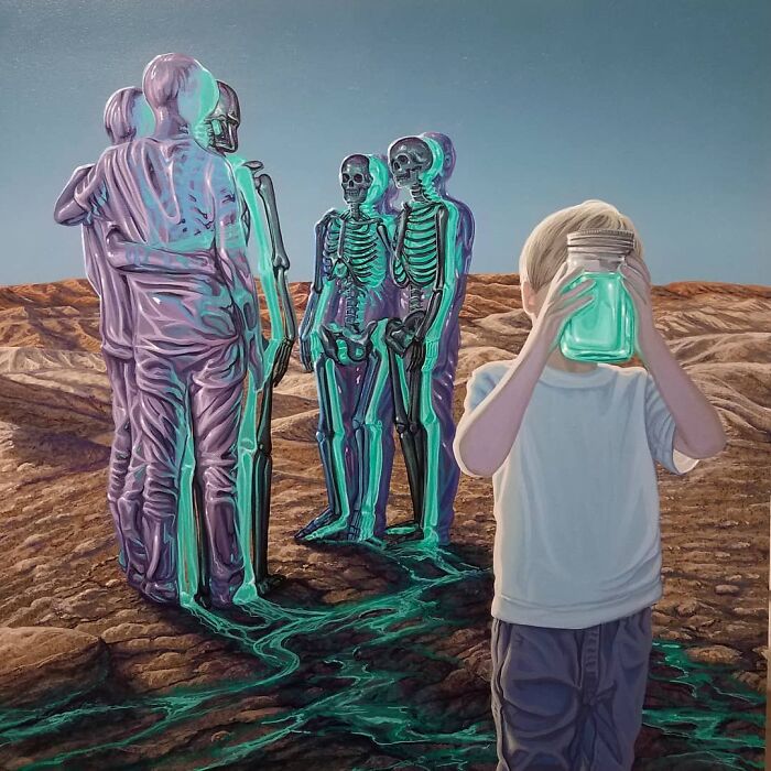 A boy holding a green jar, observing purple and green skeleton figures on a barren landscape, surreal painting by Wiley Wallace.