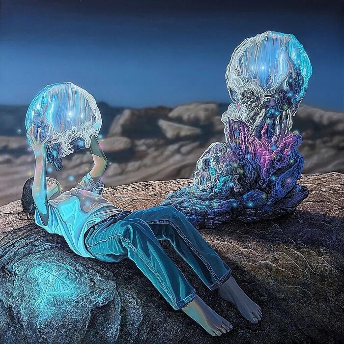 A person holding a glowing orb in a desert landscape with another glowing formation, a surreal painting by Wiley Wallace.