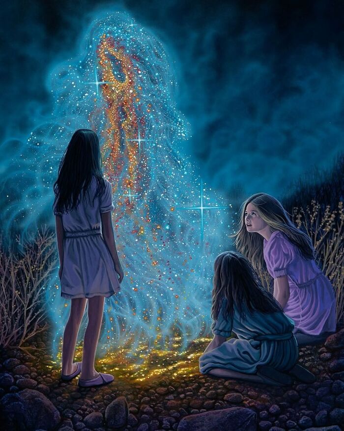 Surreal paintings by Wiley Wallace: Three young girls gaze at a glowing, celestial figure in an ethereal landscape.