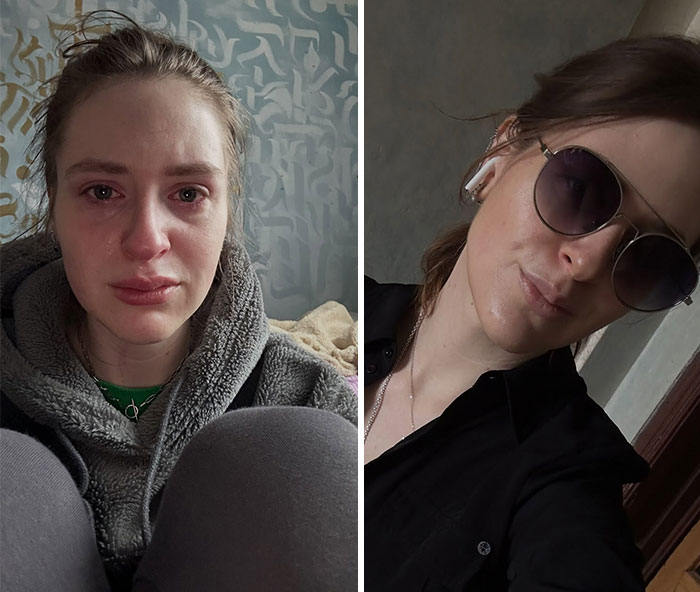 A woman crying, before and after leaving unhappy marriages.