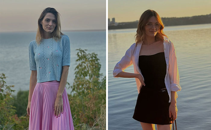 A woman looking completely different after leaving unhappy marriages, enjoying the sunset in the after photo.