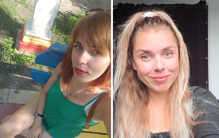 A woman looking completely different after leaving unhappy marriages, from red hair to blonde, showing a happier appearance.