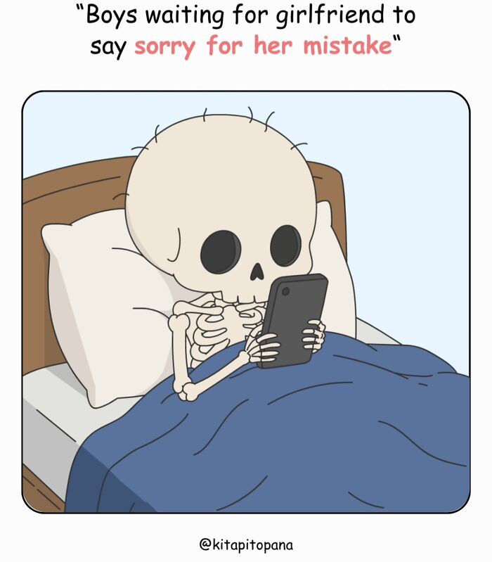 A skeleton waiting in bed with a phone, illustrating funny relationship reality about waiting for an apology