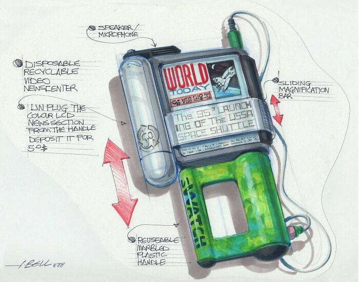 Retrofuturistic image of a handheld device with a screen showing future news, imagined in the past.