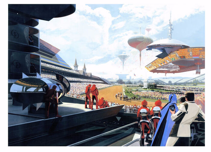 Retrofuturistic image: people in the past imagined the future of a horse race with flying vehicles and futuristic attire.