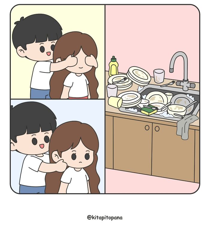 Humorous relationship comics of a boyfriend covering his girlfriend's eyes to surprise her with a sink of dirty dishes.