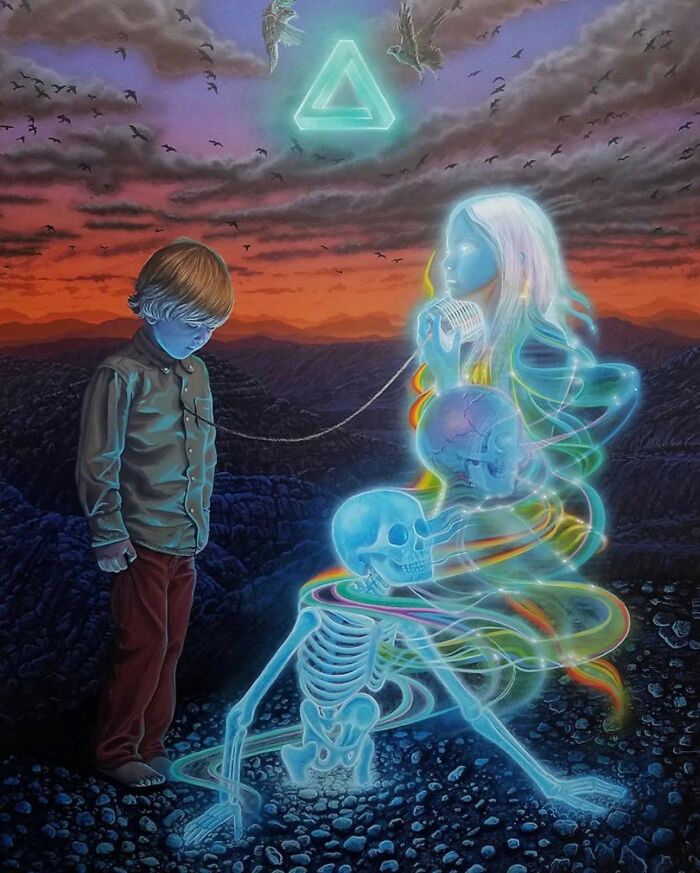 Surreal paintings by Wiley Wallace: A boy observes a spectral figure shedding its skeletal form under a glowing triangle.