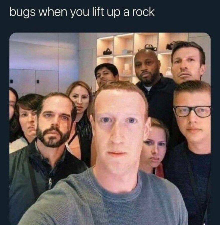 Mark Zuckerberg surrounded by people, a disturbing pic resembling bugs under a rock.