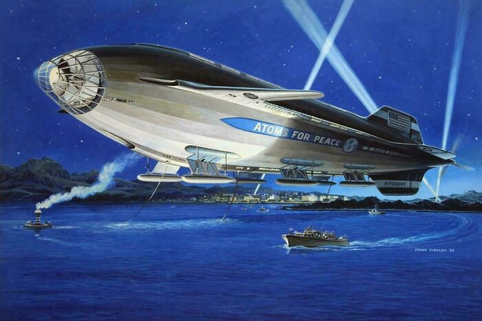 Retrofuturistic image of a futuristic blimp, 'Atoms for Peace,' flying over water, imagining the future.