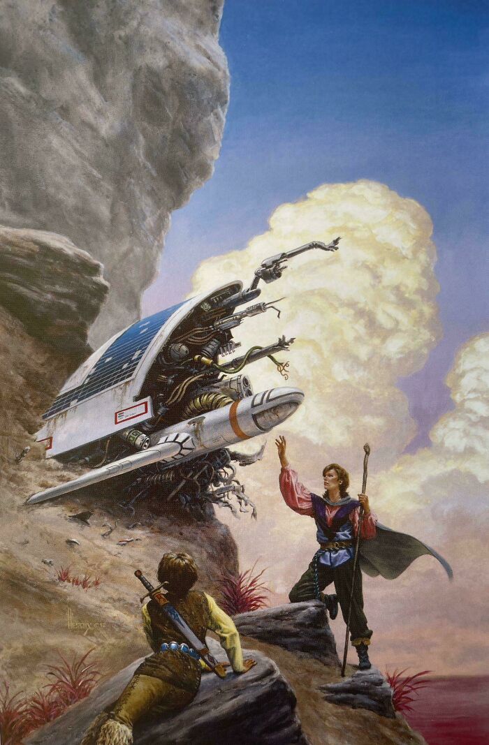 Retrofuturistic image of a wizard and another figure near a crashed futuristic vehicle on a rugged planet.