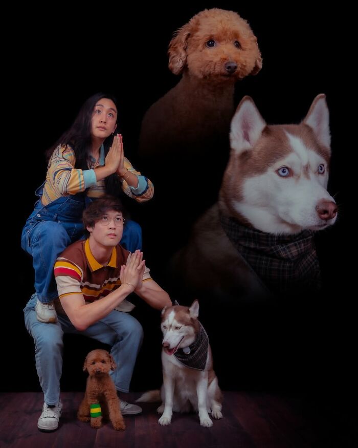 Quirky portraits of pets and their owners: A couple in a creative pose with a husky and a poodle.
