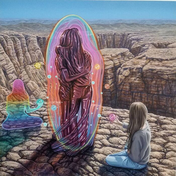 Two figures embracing within a rainbow aura in a canyon, a girl offers a bubble, surreal painting by Wiley Wallace.