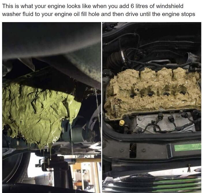 Two images showing a car engine filled with a thick, green, sludge-like substance, demonstrating forbidden foods to avoid in engines.