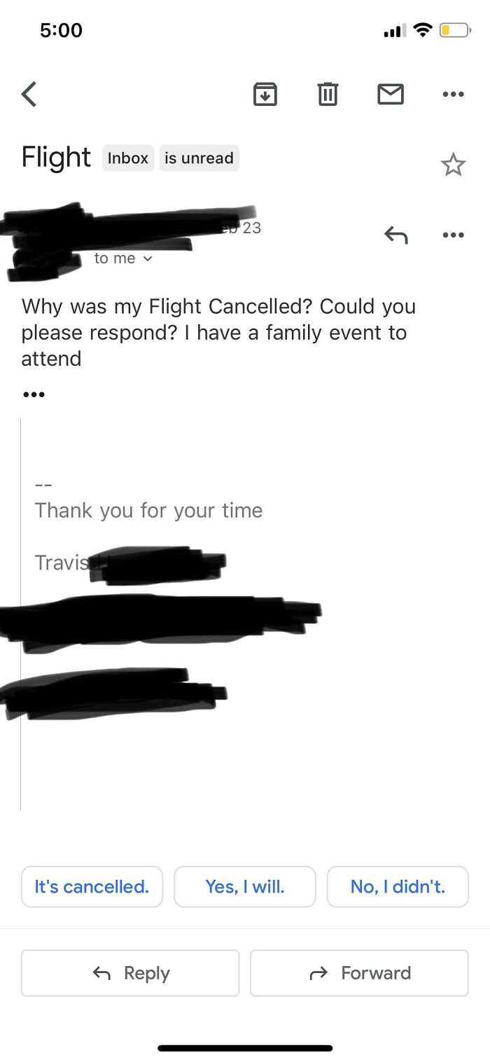 An email on a phone screen asking about a cancelled flight, illustrating a reality check for entitled people.