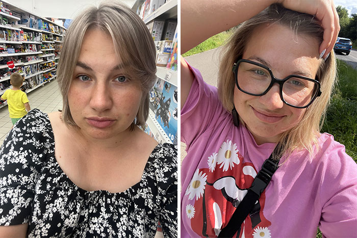 A woman before and after leaving unhappy marriages, looking sad in a store then happy and smiling outdoors.