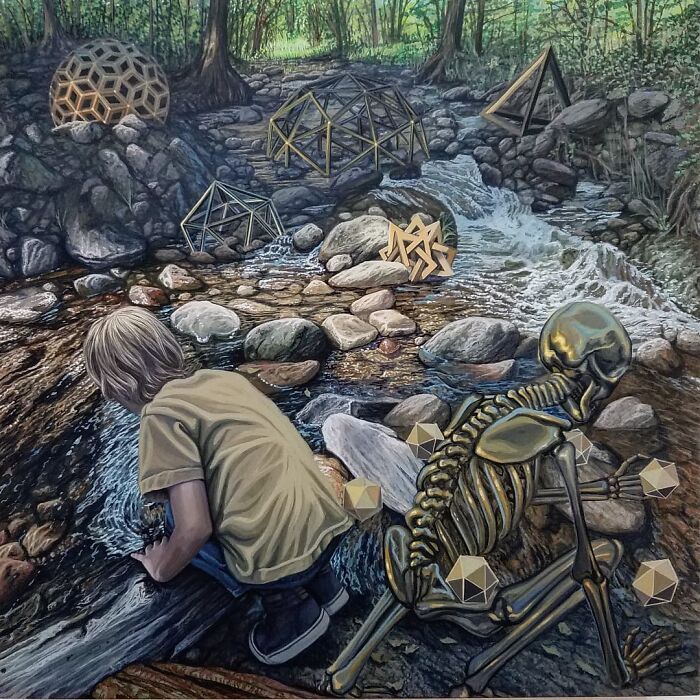 A child and a golden skeleton with geometric shapes beside a stream in a forest, a surreal painting by Wiley Wallace.