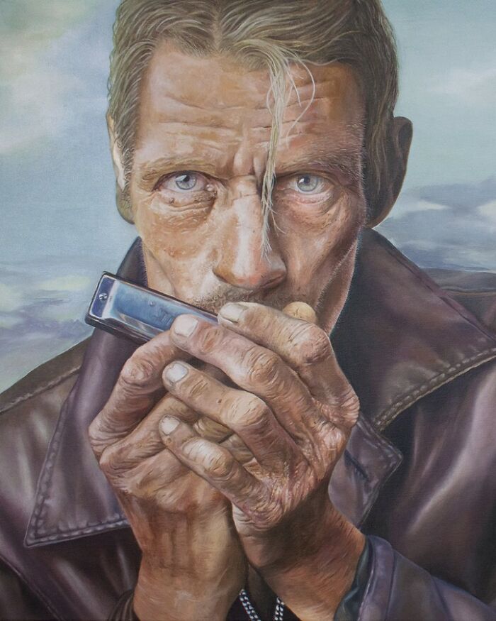 Realistic painting of a man playing harmonica by Michel Devanakis.