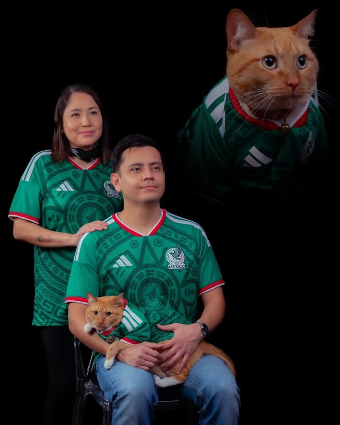 Silly portraits of pets and their owners wearing matching soccer jerseys, with a floating cat head in a jersey.